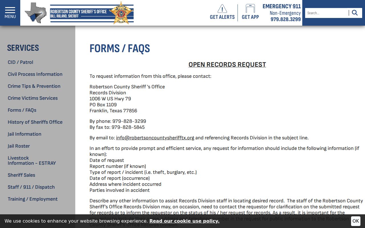Robertson County arrest history records request guidance from RCSO