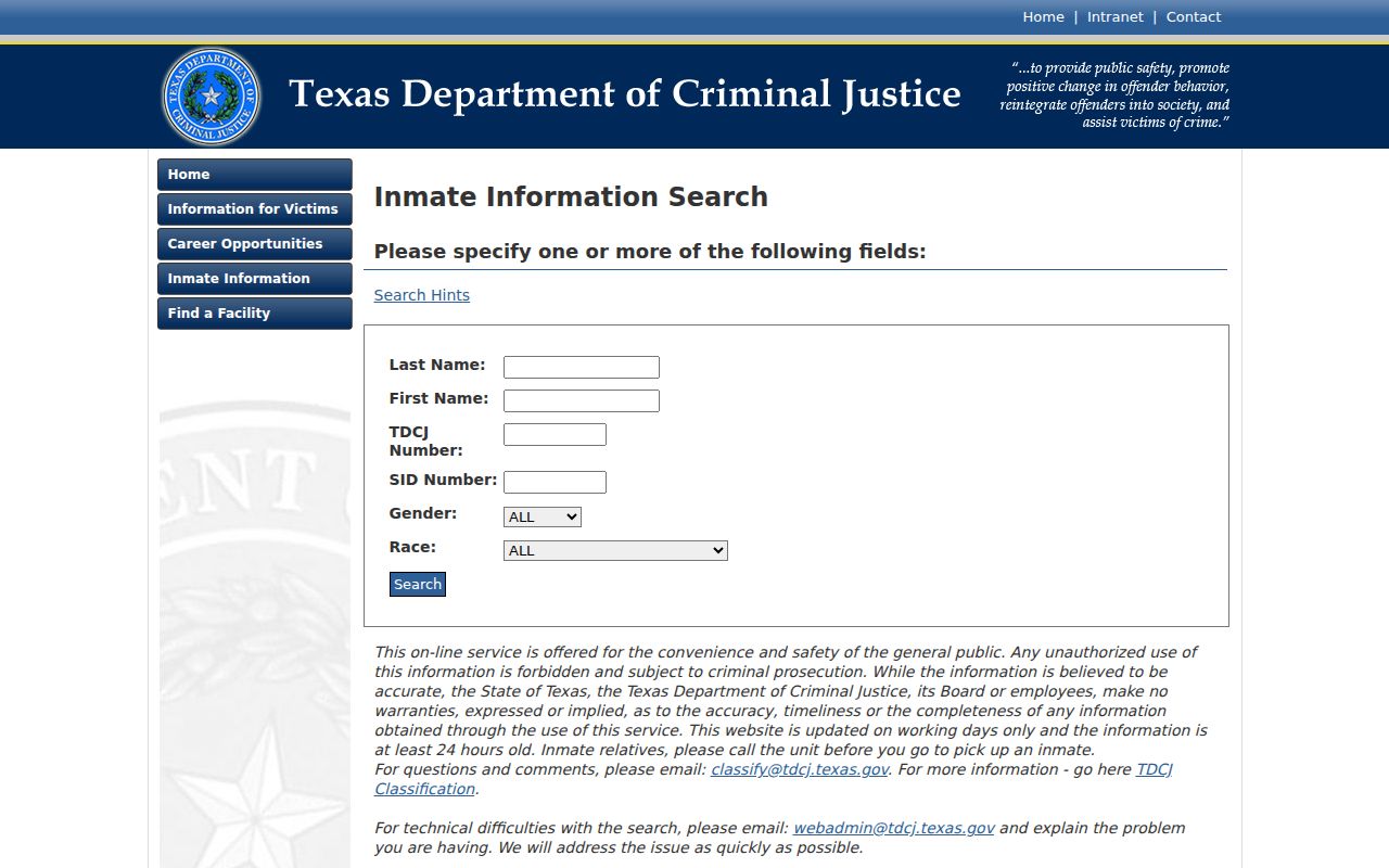 Robertson County criminal history TDCJ inmate search
