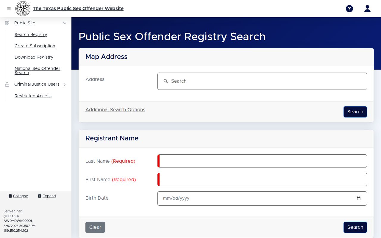 Robertson County sex offender check on the Texas DPS registry search
